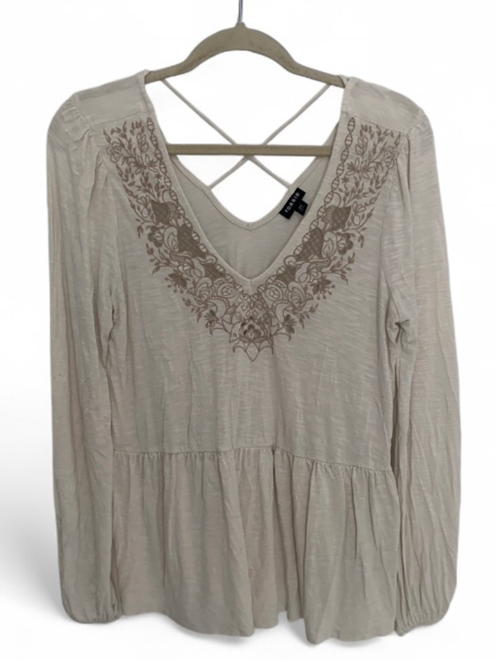 torrid Cream V-Neck Embroidered Peplum Boho Long Sleeve Blouse - Picture 1 of 8